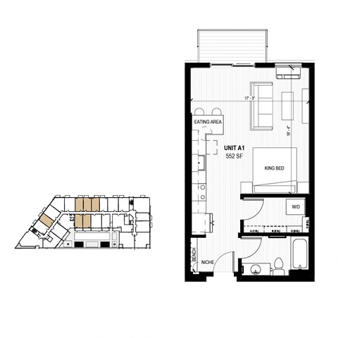 Floor plan for studio, 1 bath, 552 sqft